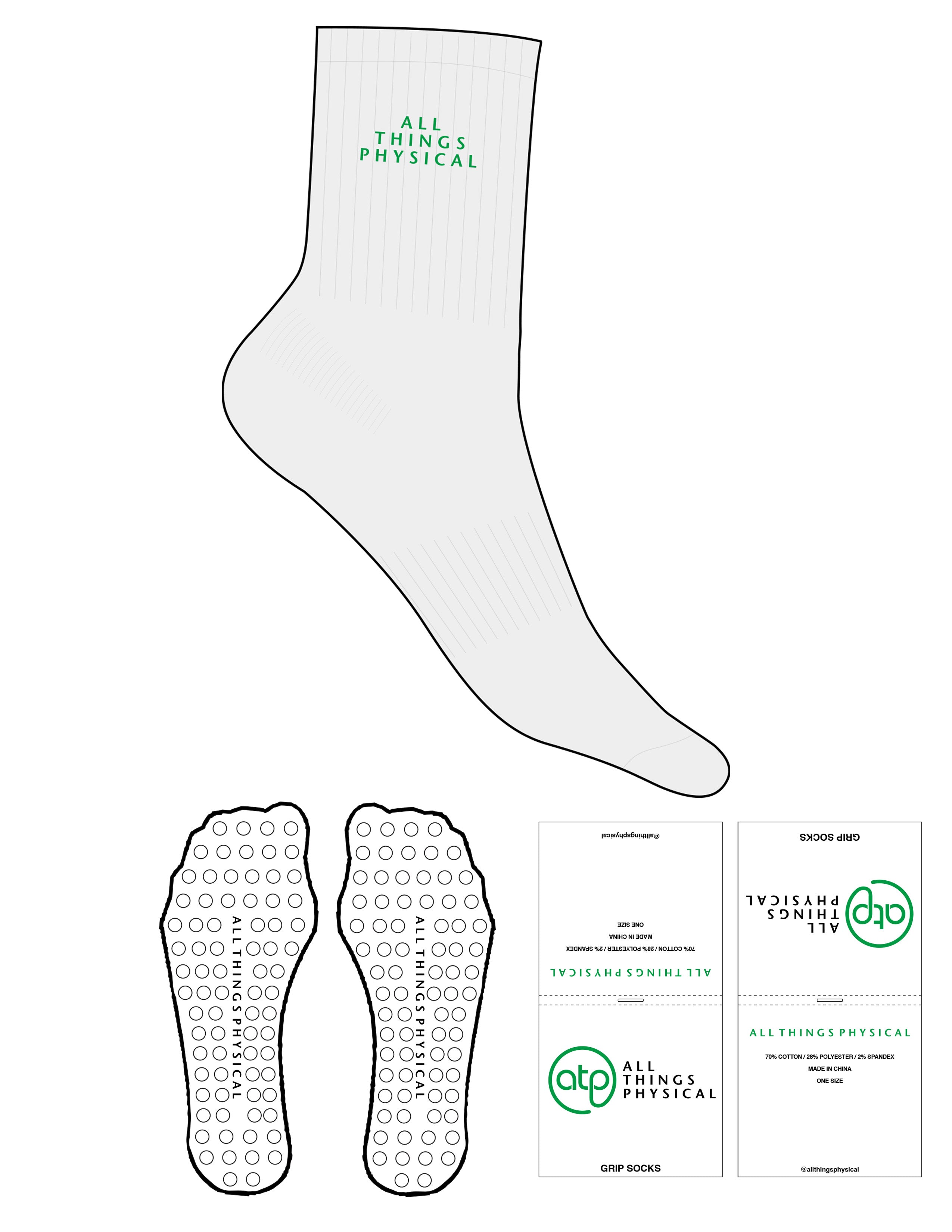 The 3/4 Crew Sock - White Heather - ATP - Top Logo Stacked - EMB - Green - Circle Grip - Green