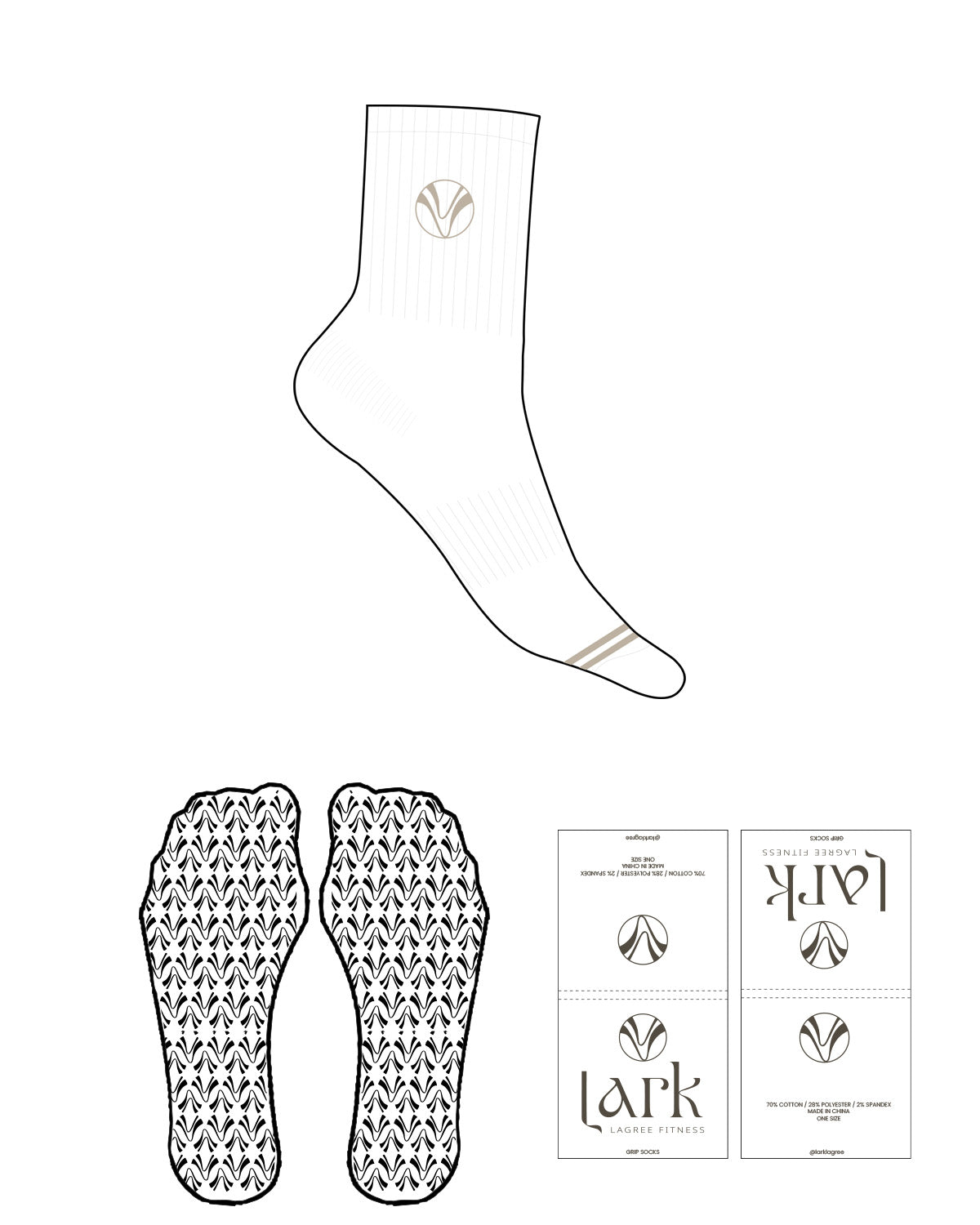 The 3/4 Crew Sock - White - Pure Movement LARK - 2 Toe Strips - Top Logo - Embroidered - Fawn - Icon Grip - Fawn