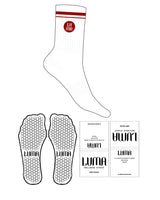 The Crew Sock - White - Luma Wellness - Stripes & Round Icon - Red - Hexagon Grip - Red