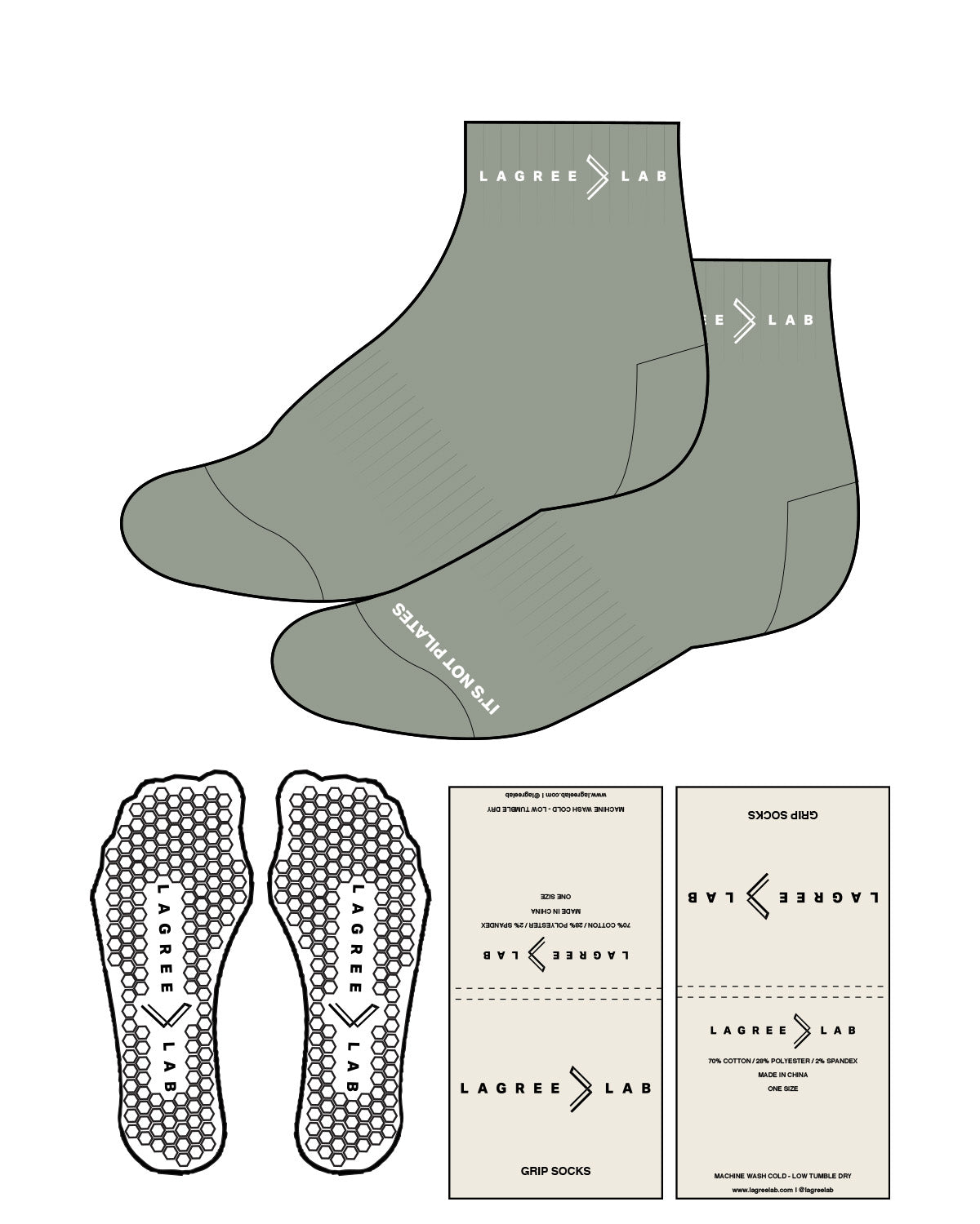 The 1/2 Crew Sock - M 221  - LagreeLab - Top Center Text "Arrow" & Bottom Text - White - Hexagon Shape Grip - White - Packging - Bone - Print - Black
