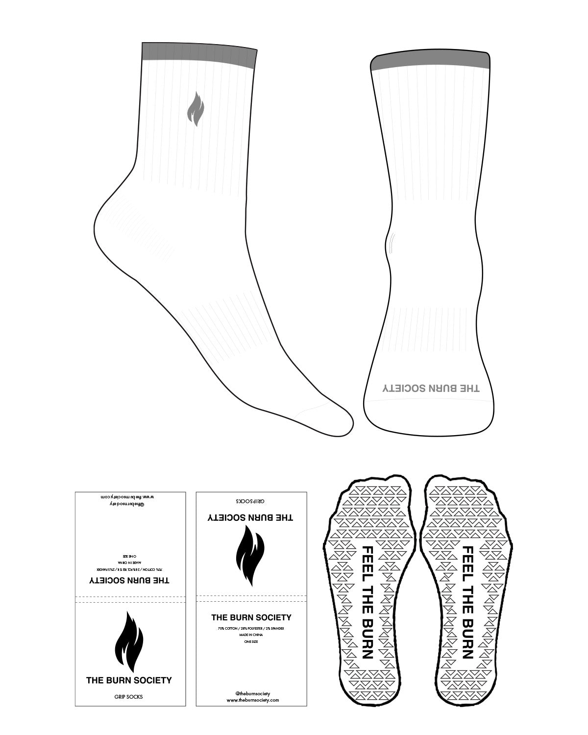 The 3/4 Crew Sock - Black - The Burn Society - Top - Light Gray L388 - Full Stripe - Flame - Bottom Toe Text - White - Triangle Shape Grip - White