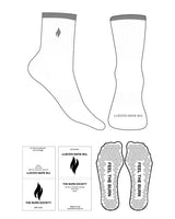 The 3/4 Crew Sock - Black - The Burn Society - Top - Light Gray L388 - Full Stripe - Flame - Bottom Toe Text - White - Triangle Shape Grip - White