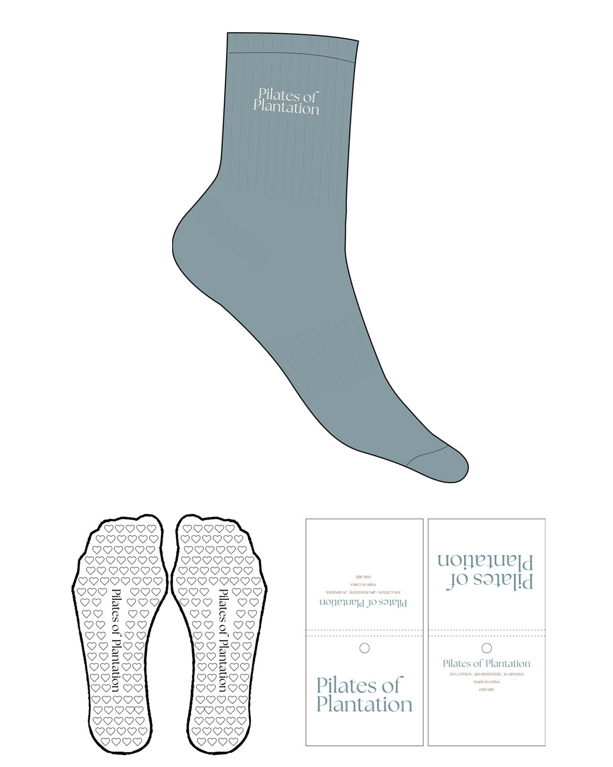 The 3/4 Crew Sock - Arona - Pilates of Plantation - Top Text Stacked - Embroidered - Off White - Heart Grip - Transparent