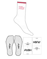 The 3/4 Scalloped Crew Sock - White - Designed by GI - Rogue Red Scallop - Top Logo Stacked - Embroidered - Rogue Red - Heart Grip - Rogue Red