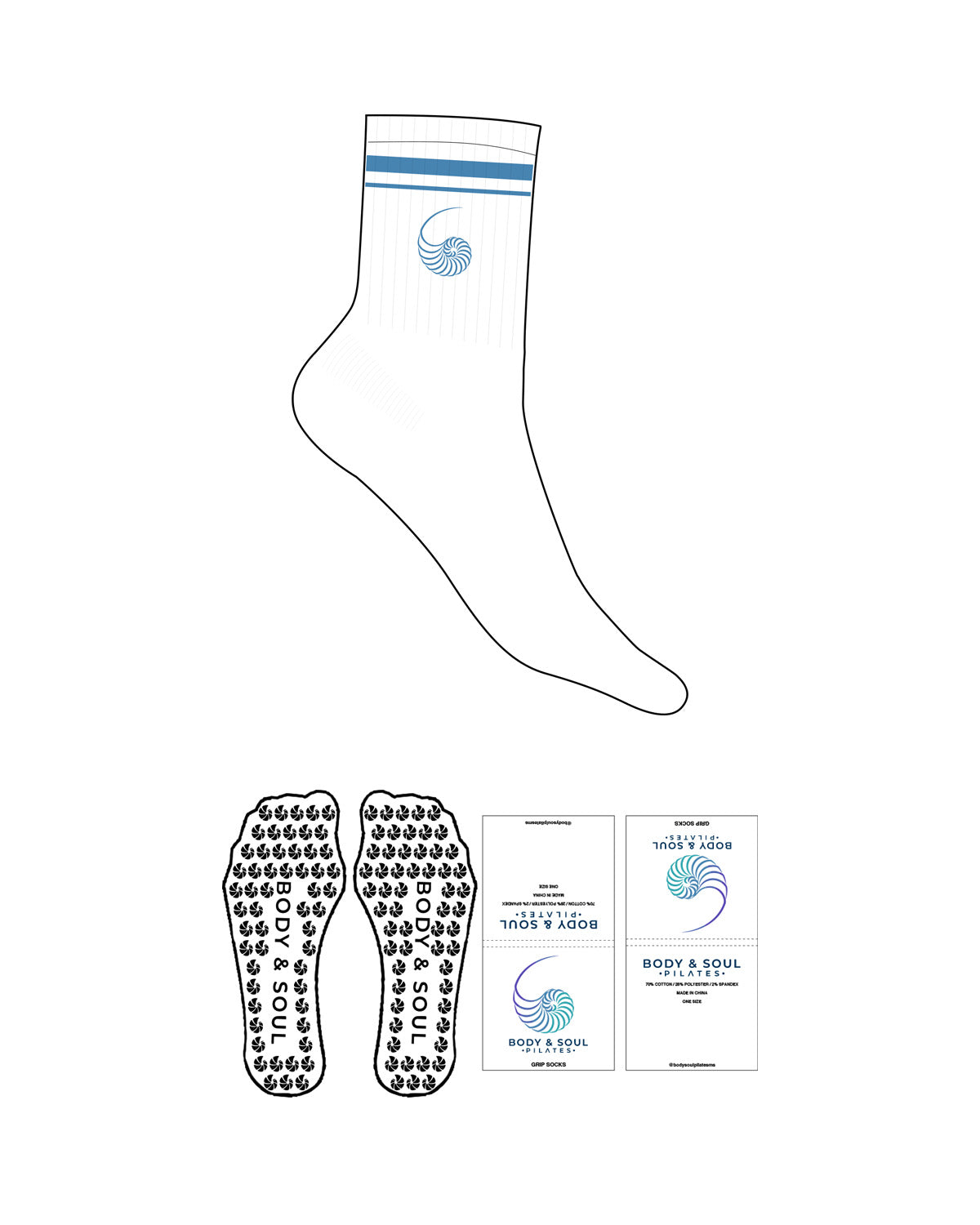 The 3/4 Crew Sock - White - Body & Soul - 2  Blue  Stripe - Top Icon- Embroidered - Blue  - Custom Shape Grip - Transparent