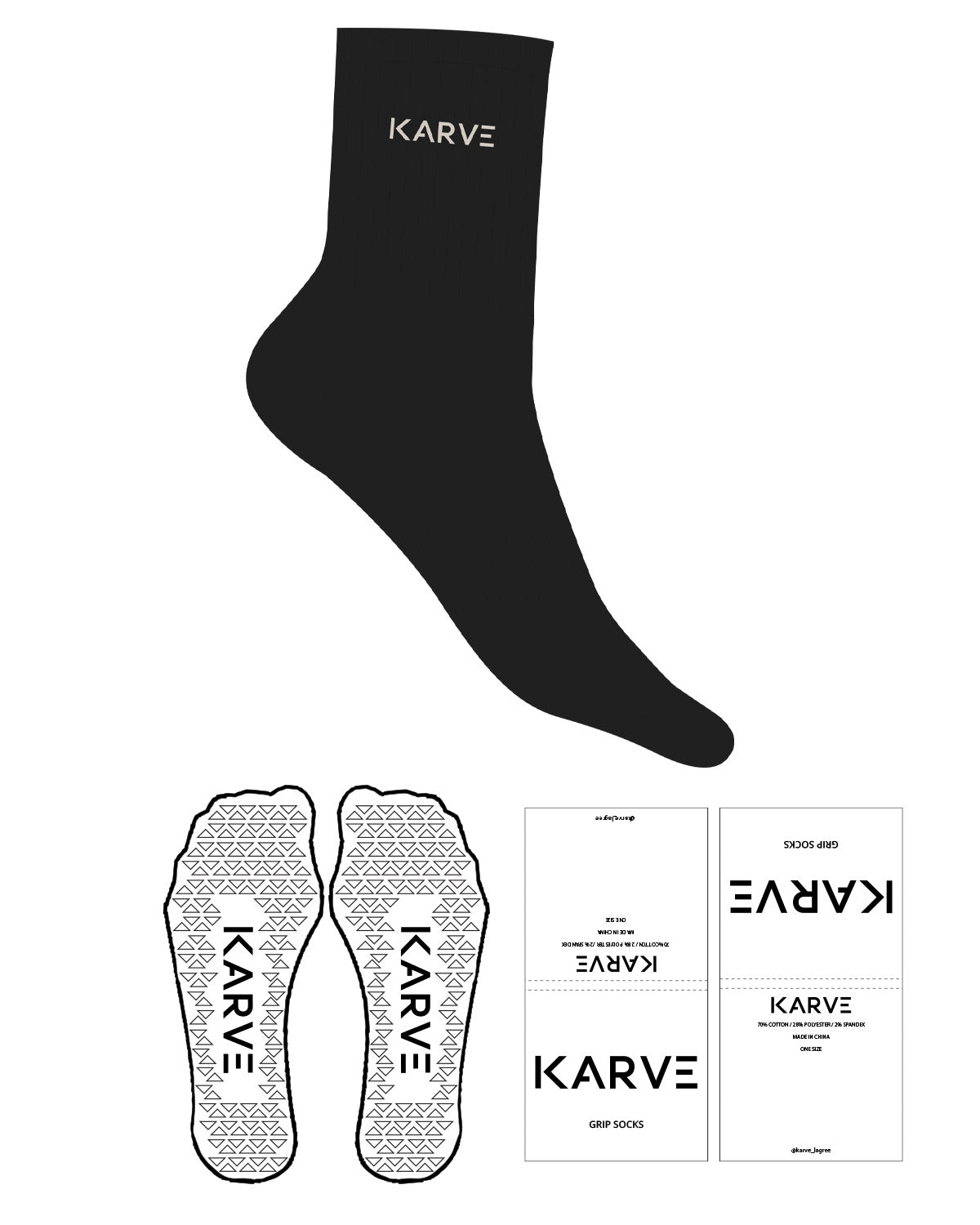 The 3/4 Crew Sock - Black - Karve Lagree Fit - Top Logo - Embroidered - Sand - Triangle Shape Grip - Transparent