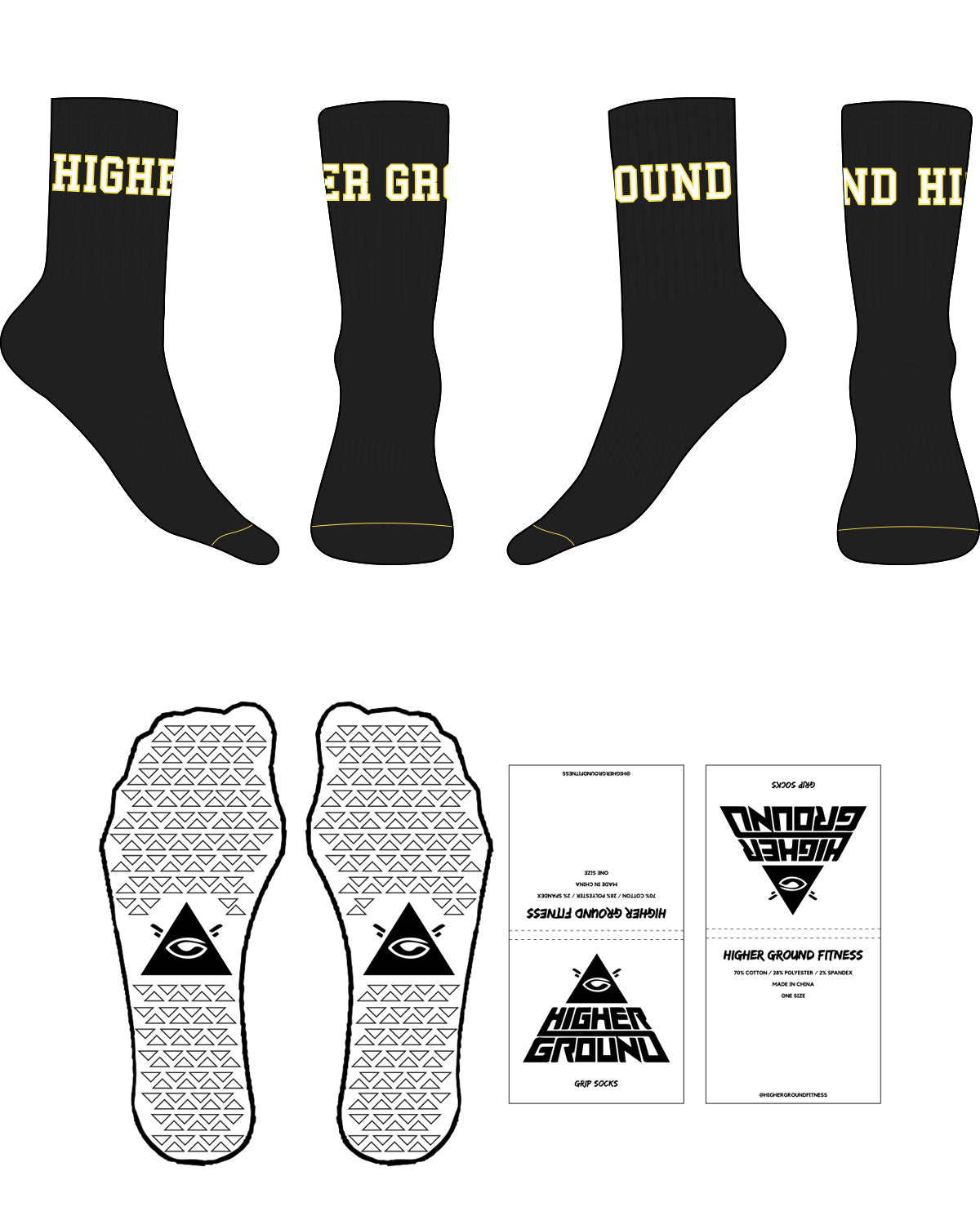 The Crew Sock - Black - Higher Ground - Top Wrap Logo - White & Yellow - Toe Logo - Yellow - Triangle Grip - Black