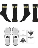 The Crew Sock - Black - Higher Ground - Top Wrap Logo - White & Yellow - Toe Logo - Yellow - Triangle Grip - Black