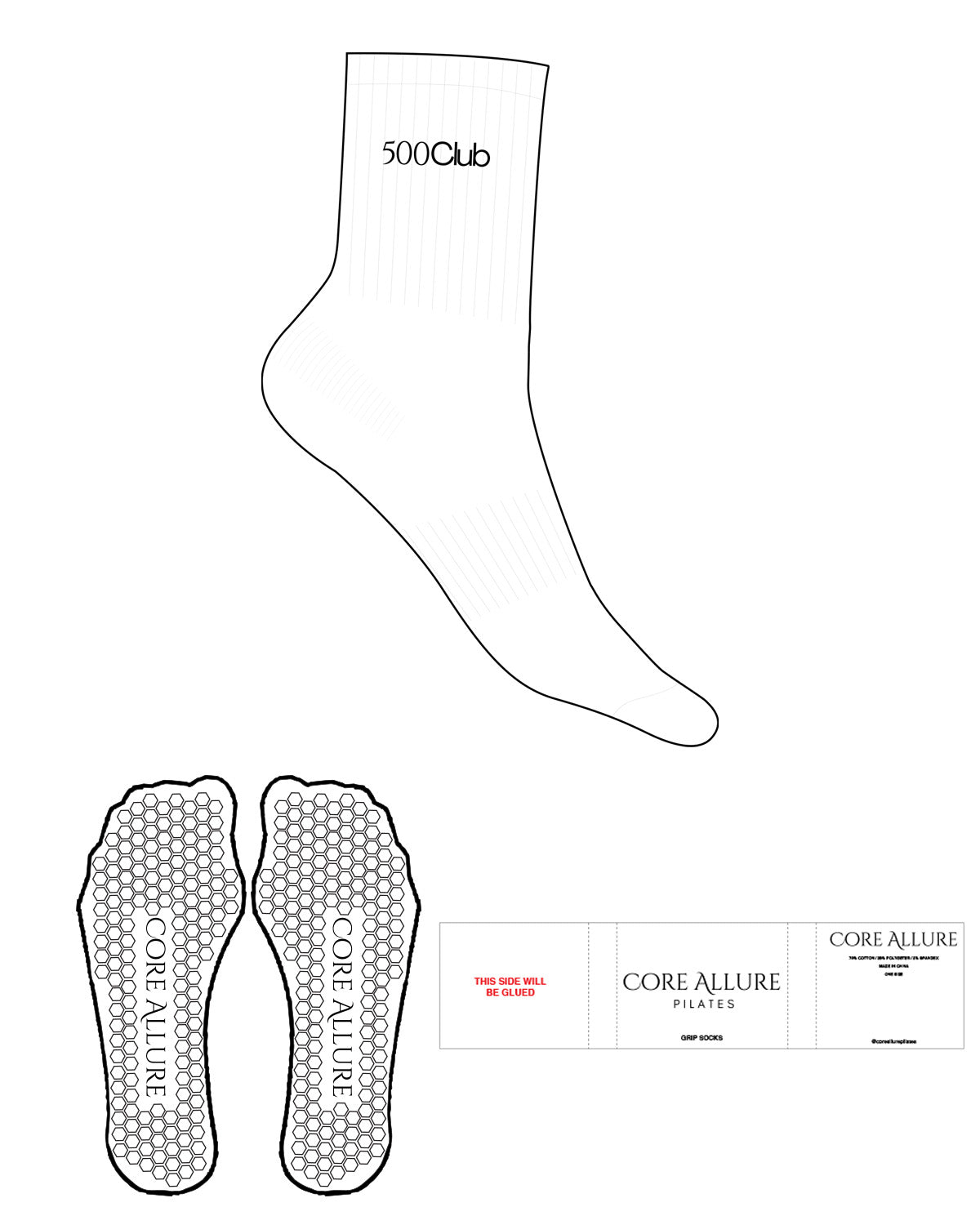 The 3/4 Crew Sock - White - Core Allure Pilates - Top Logo "500 Club" - Embroidered - Black - Hexagon Grip - Black