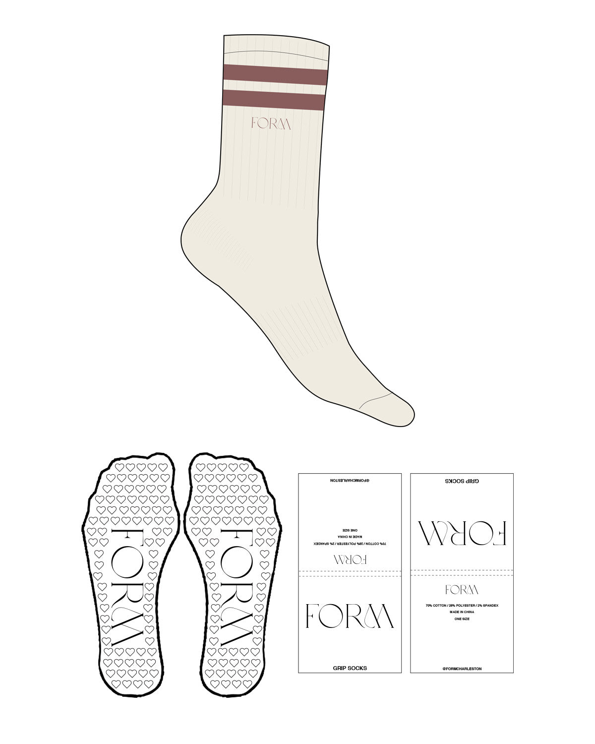THE CREW SOCK - Off White - Form Charleston - Two Strips Top Logo - Terracotta - Heart Shape With Icon  - Terracotta