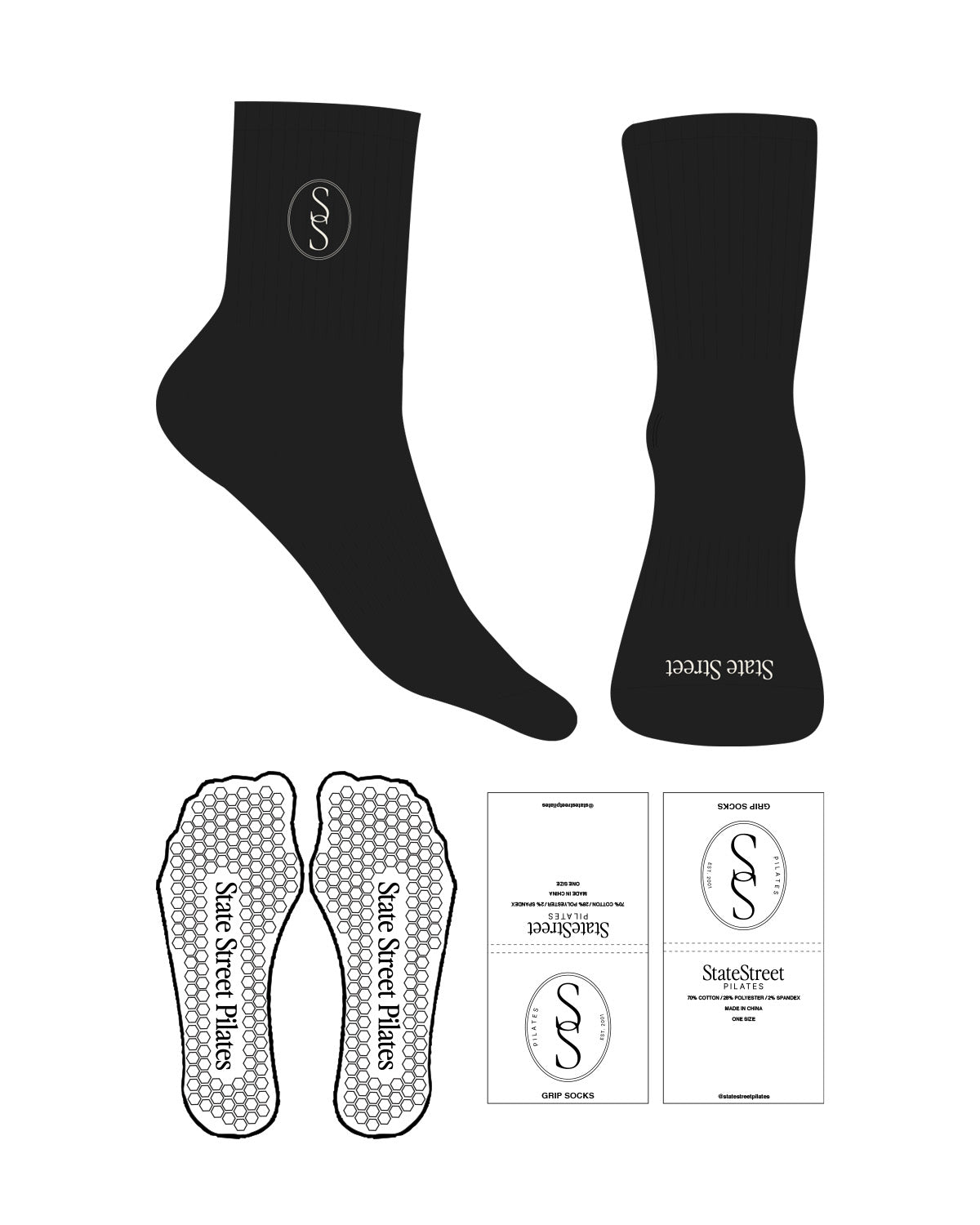 The 3/4 Crew Sock - Black - State Street - Top Embroidered & Front Printed - Off White - Hexagon Shape Grip - Black