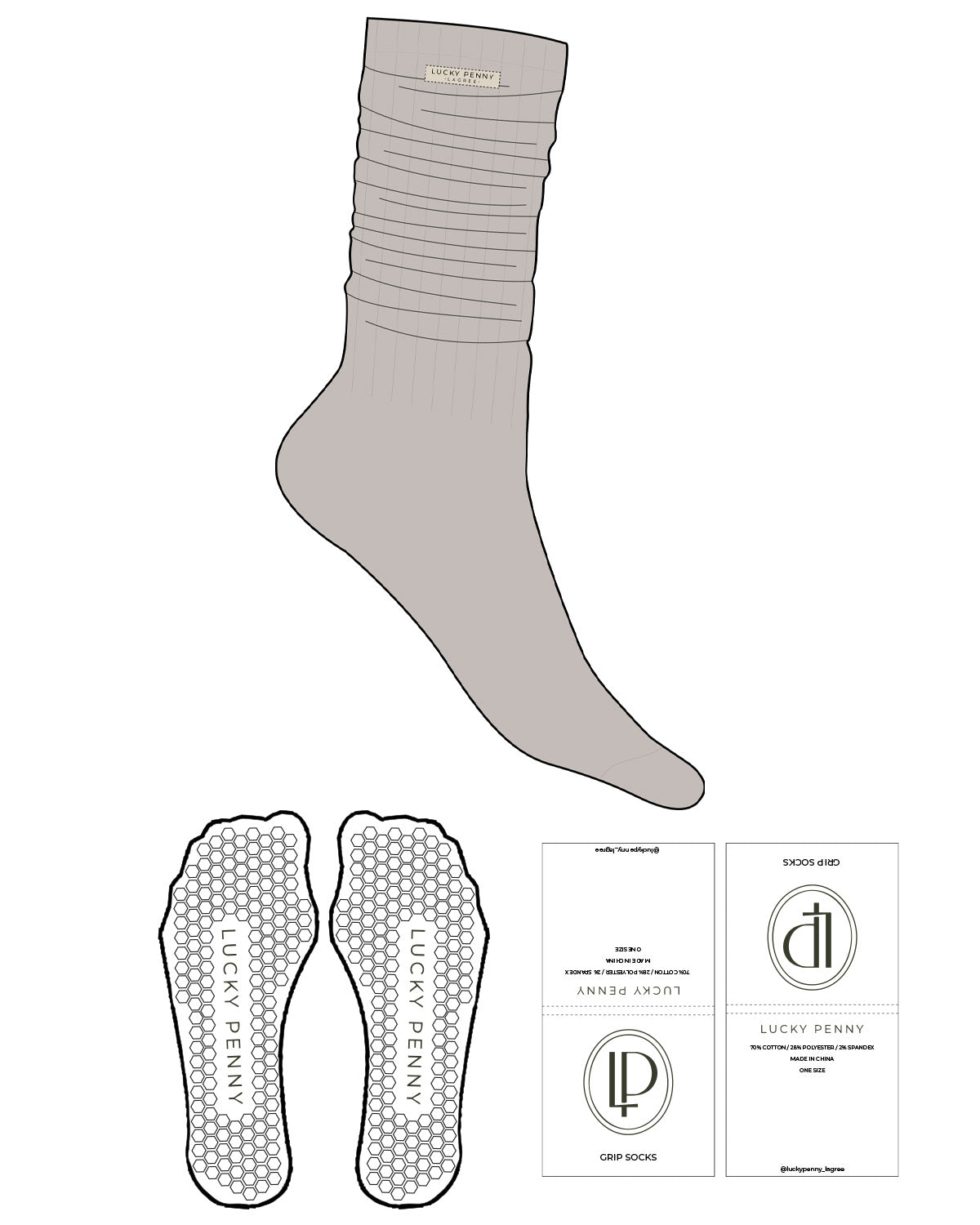 The Slouch Sock - Oat Milk- Lucky Penny - Sew on Label - Hexagon Shape Grip - Transparent