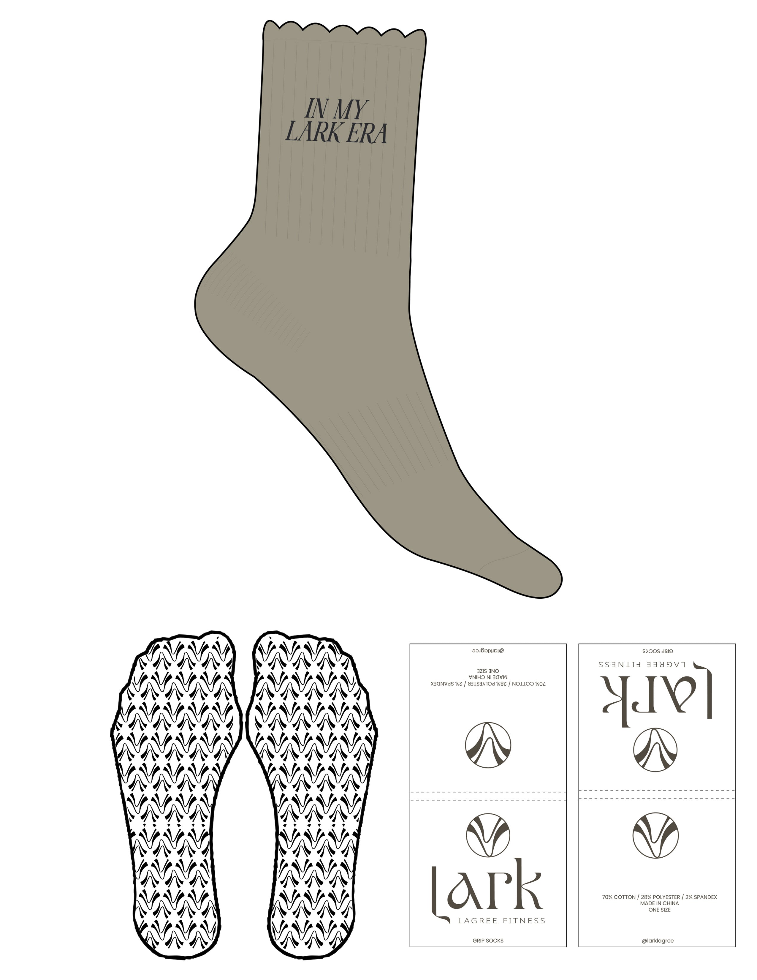 The 3/4 Crew Sock - Stone Beige - Pure Movement LARK - Top Logo Stacked - Embroidered - Stretch Limo - Icon Grip - Transparent