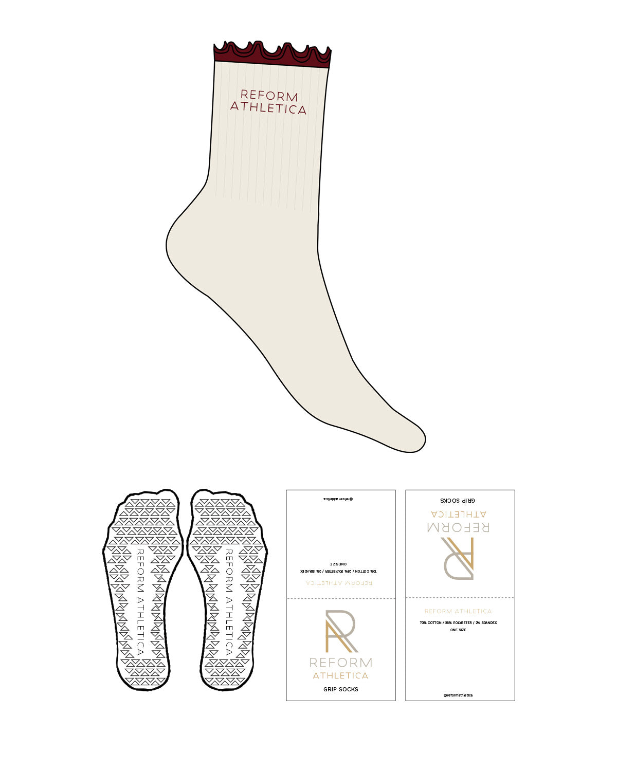 The 3/4 Crew Sock - Off White - Reform Athletica - Ankle Text - Embroidered - Maroon - Triangle Shape Grip - Transparent