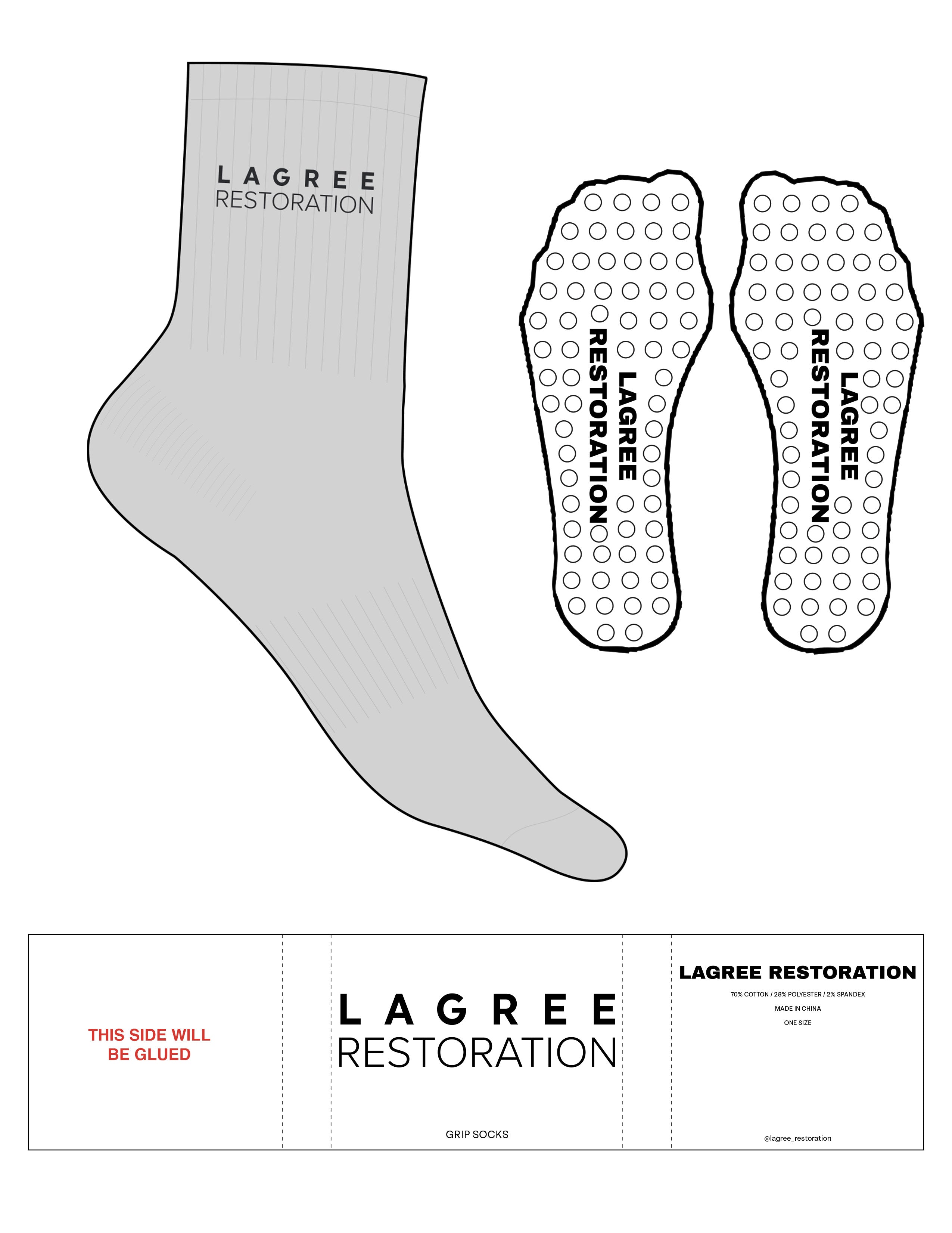 The 3/4 Crew Sock - Grey White -  Lagree Restoration - Top Logo Stacked - Stretch Limo - Circle Grip - Transparent