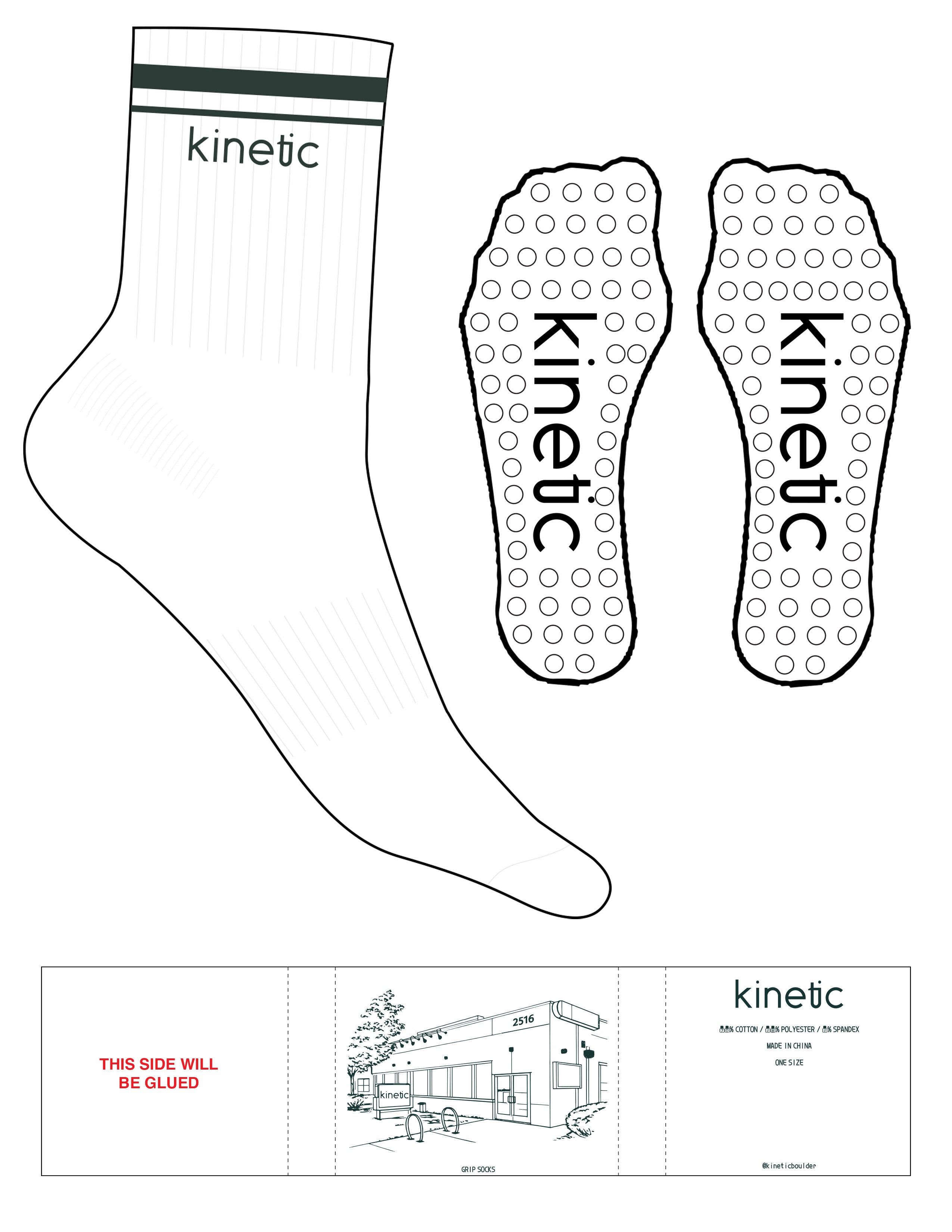 The 3/4 Crew Sock - White - Kinetic Pilates - 2 Stripes Printed - Top Logo Embroidered - Dark Olive - Circle Grip - Dark Olive