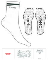 The 3/4 Crew Sock - White - Kinetic Pilates - 2 Stripes Printed - Top Logo Embroidered - Dark Olive - Circle Grip - Dark Olive