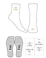 The 3/4 Crew Sock - White - Treadformer30A - Top Logo "500 Club" & Toe "TFX" - Embroidered - Gold - Triangle Grip - Black