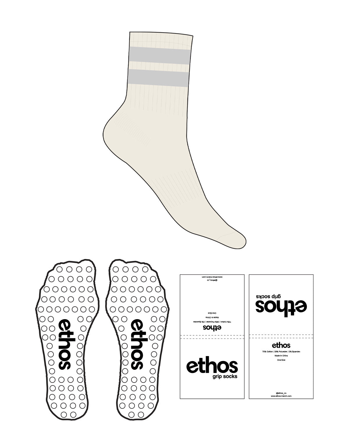 The 3/4 Crew Sock - Off White - Ethos Socks - 2 Strips - Circle Grip - Transparent