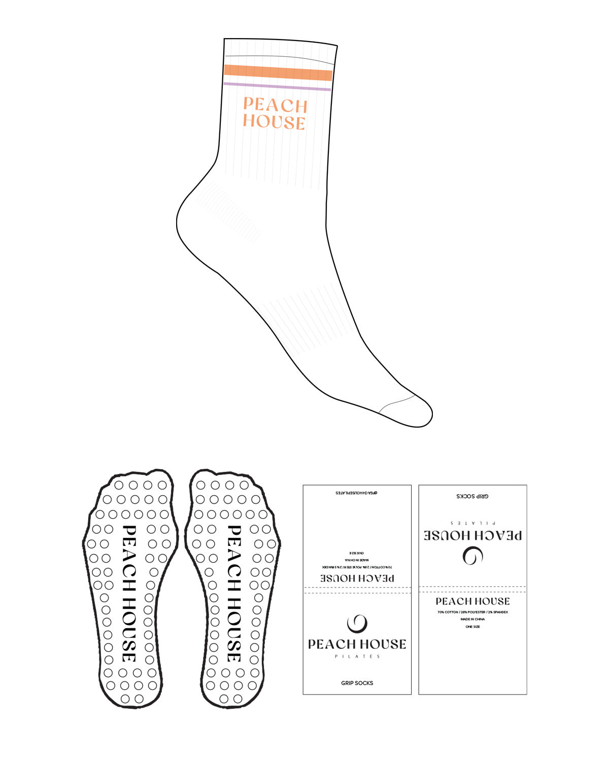 The 3/4 Crew Sock - White - Peach House Pilates - 3 Strips - Top Logo Stacked - Peach L70 & Lavender L84 - Circle Shape Grip - Transparent