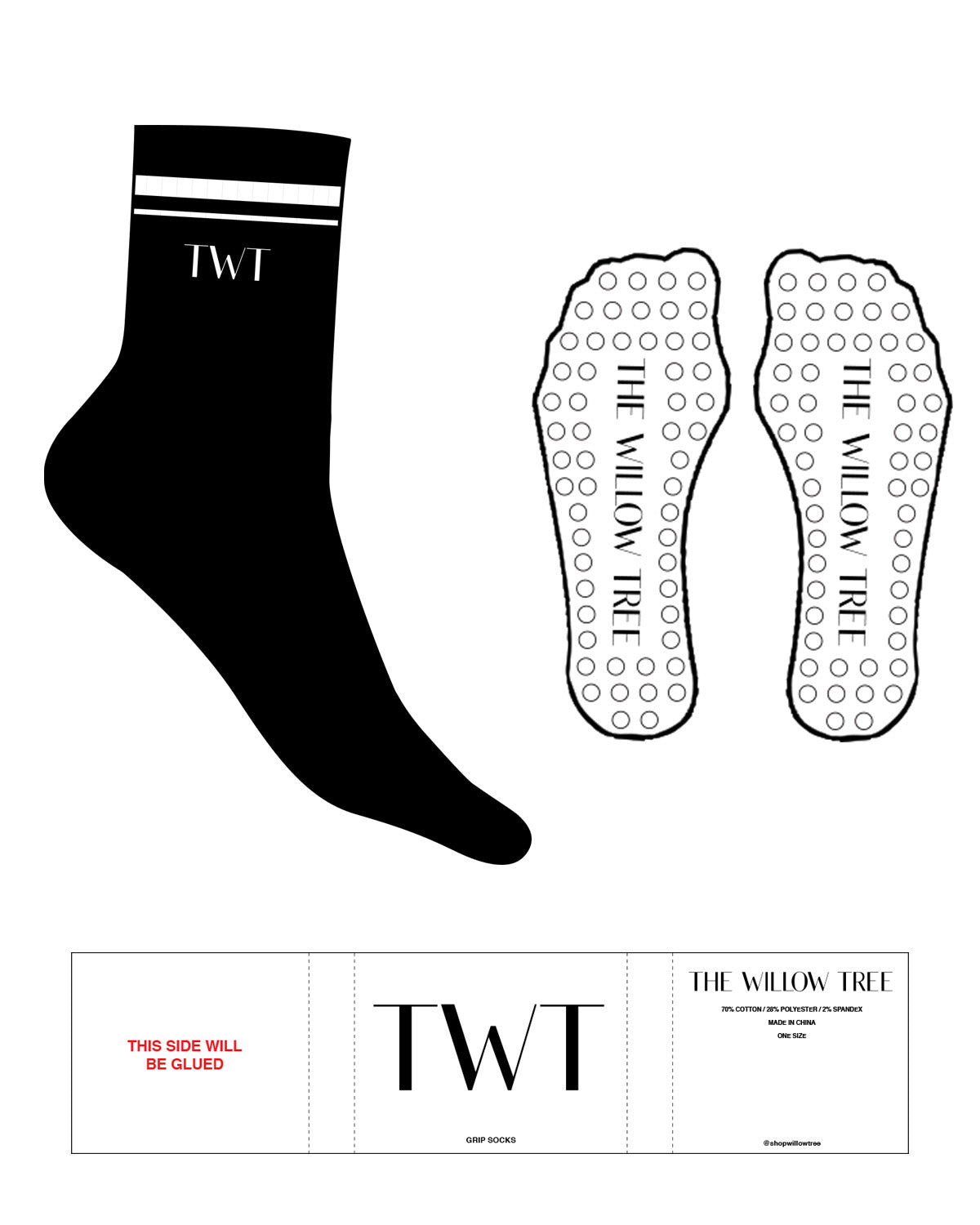 The 3/4 Crew Sock - Black - The Willow Tree -  2 Stripes - Top Logo "TWT" - Embroidered - White - Circle Grip - White