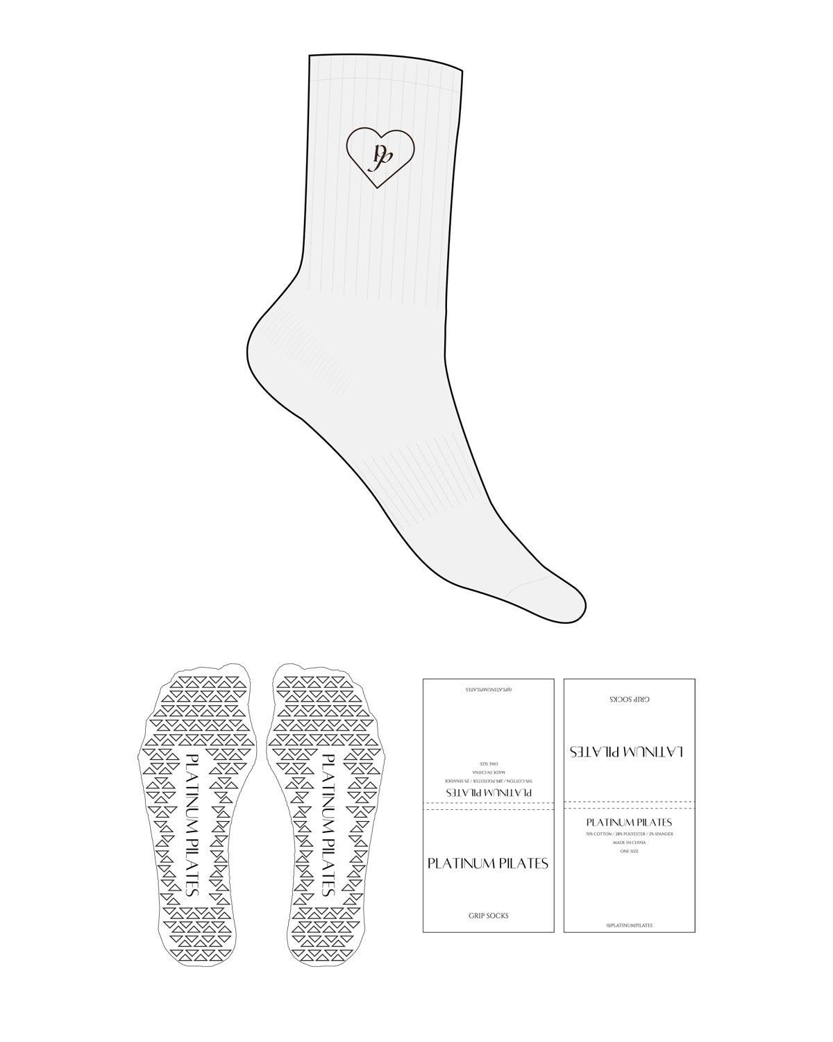 The Crew Sock - White Heather - Platinum Pilates - Top Logo Heart - Embroidered - Chocolate - Triangle Grip - Transparent