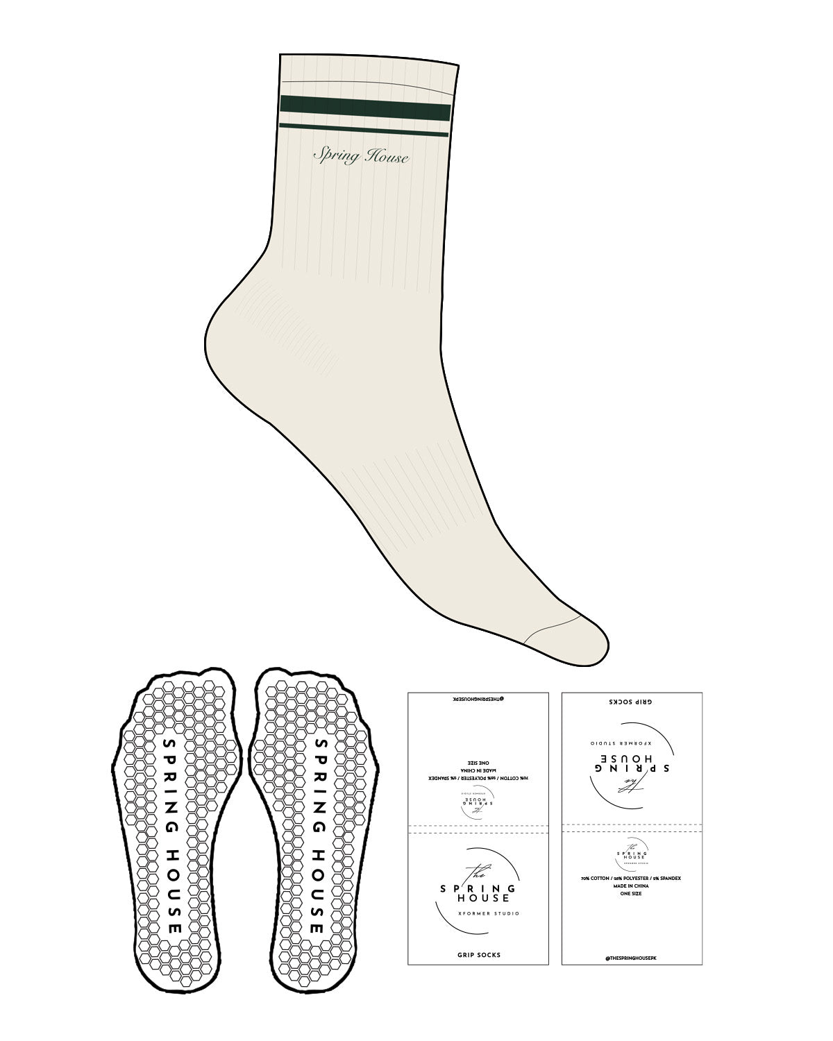 The 3/4 Crew Sock - Off White - Spring House - Dual Strip - "Spring House" Logo - Embroidered - Green - Grip - Transparent