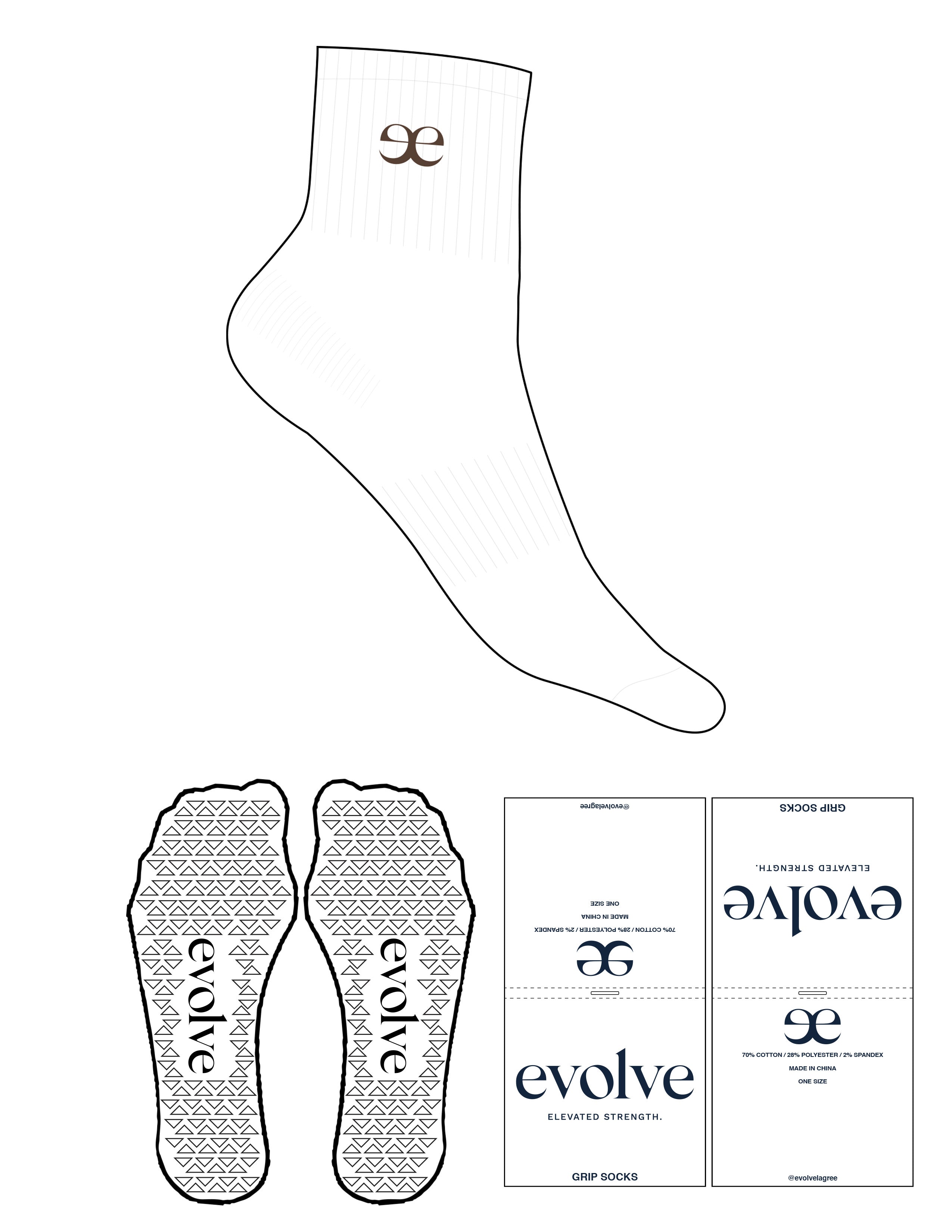 The 1/2 Crew Sock - White - Evolve Lagree - Center Chest - Top Logo - Truffle - Triangle Grip - Truffle