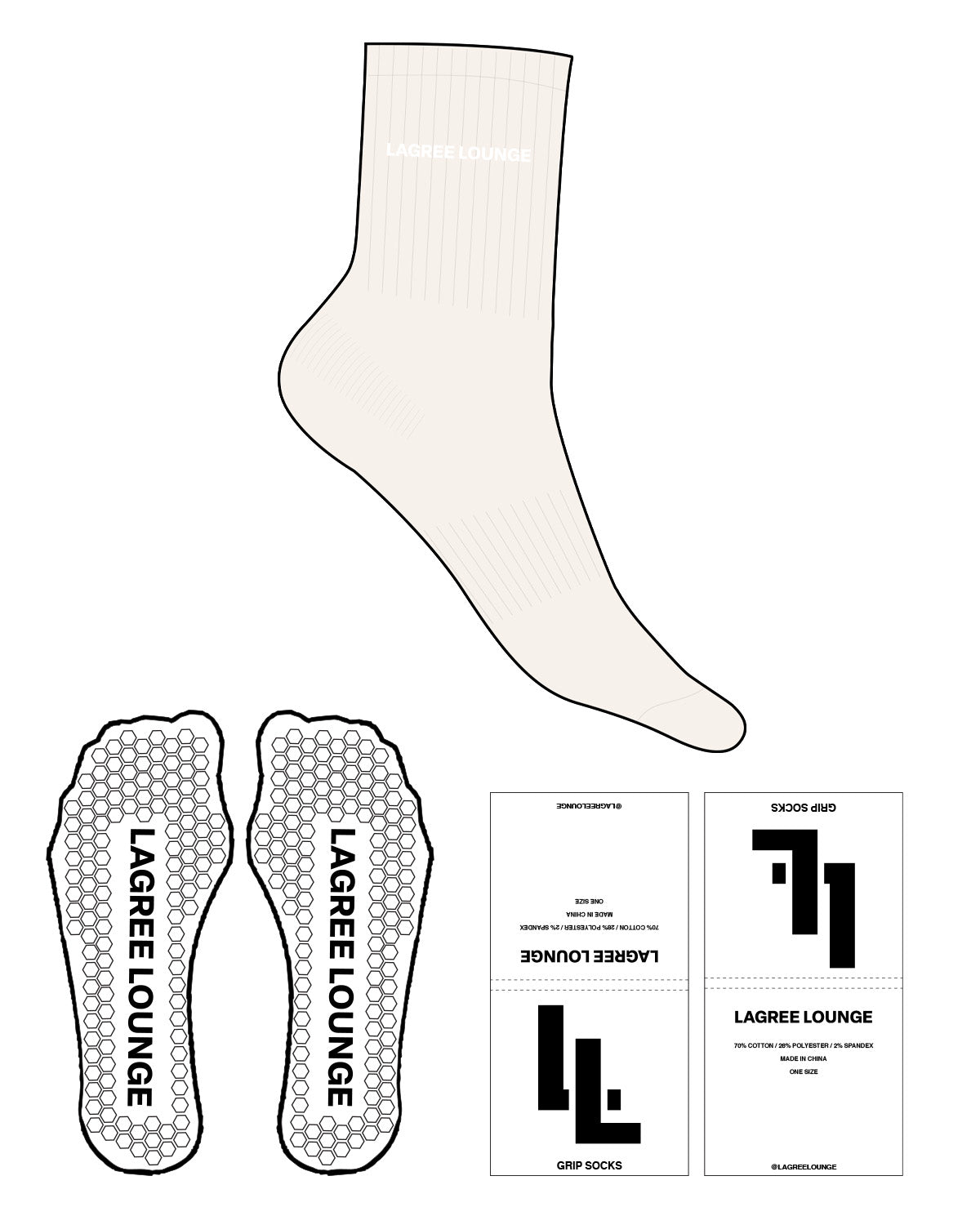 The 3/4 Crew Sock - Off White - Lagree Lounge - Top Center Text - Black - Hexagon Grip Shape - White