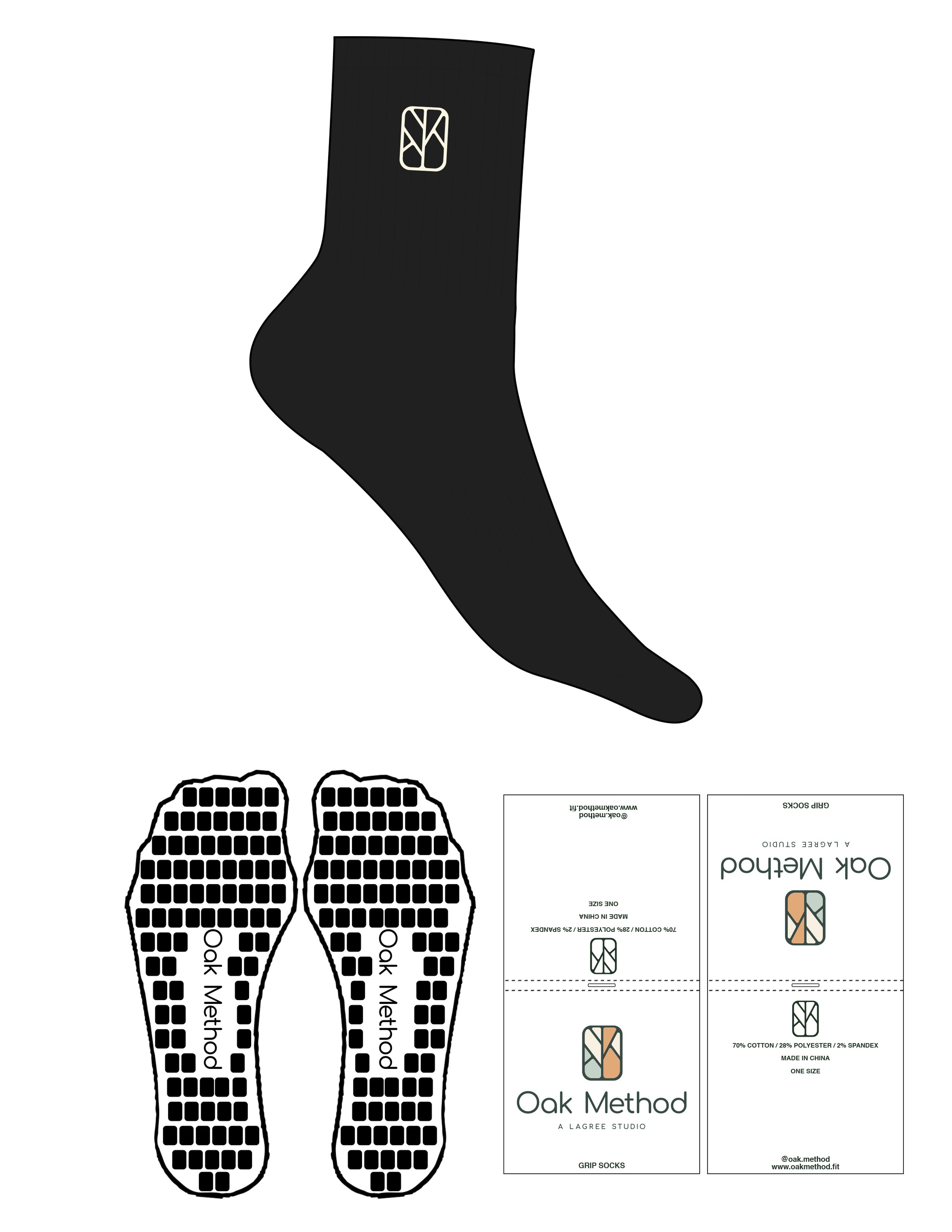 The 3/4 Crew Sock - Black - The Oak Method - Top Logo - Embroidered - Cream - Custom Grip - Black