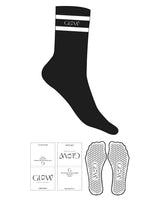 The Crew Sock - Black - GlowPilates - 2 Strips - Top Logo "GLOW" - White - Hexagon Shape Grip - Black
