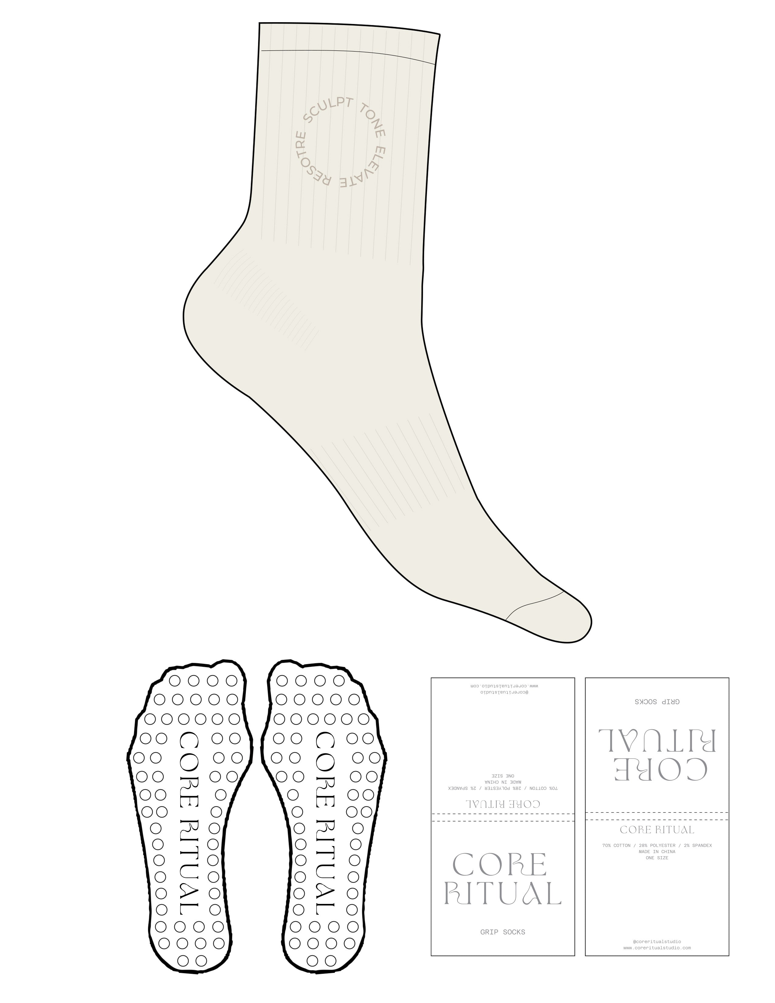 The 3/4 Crew Sock - Marshmallow - Core Ritual - Top Logo Round - EMB - Tan - Circle Grip - Tan