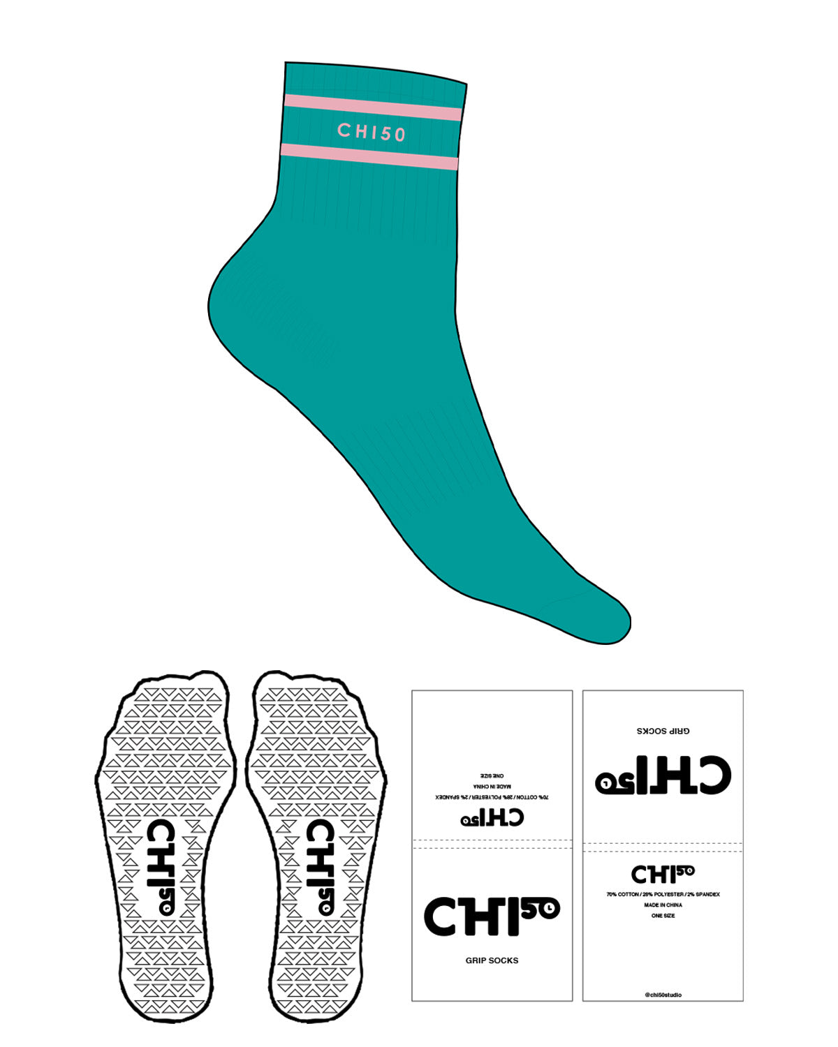 The 1/2 Crew Sock - Teal - M83 - 2 Lines - Text In Between - Pink - L69 - Triangle Shape Grip - Pink