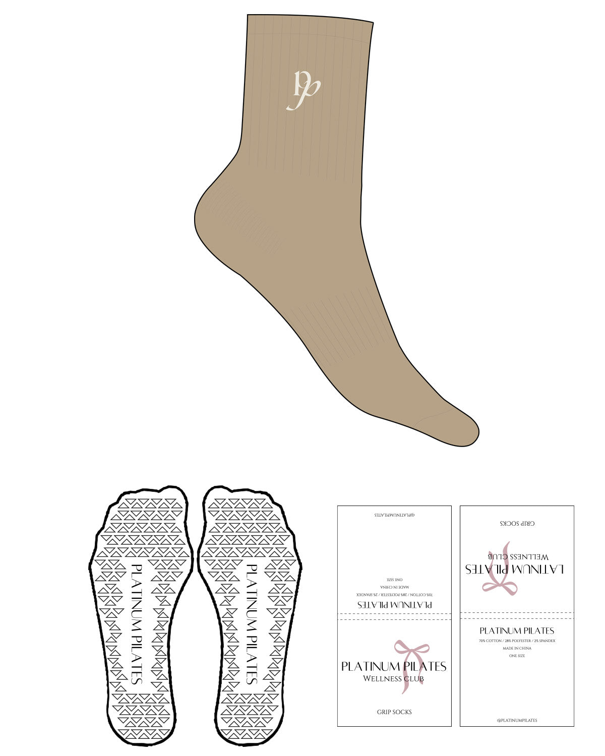 The 3/4 Crew Sock - Caramel - Platinum Pilates - Top Logo "PP" - Embroidered - Off White - Triangle Grip - Transparent