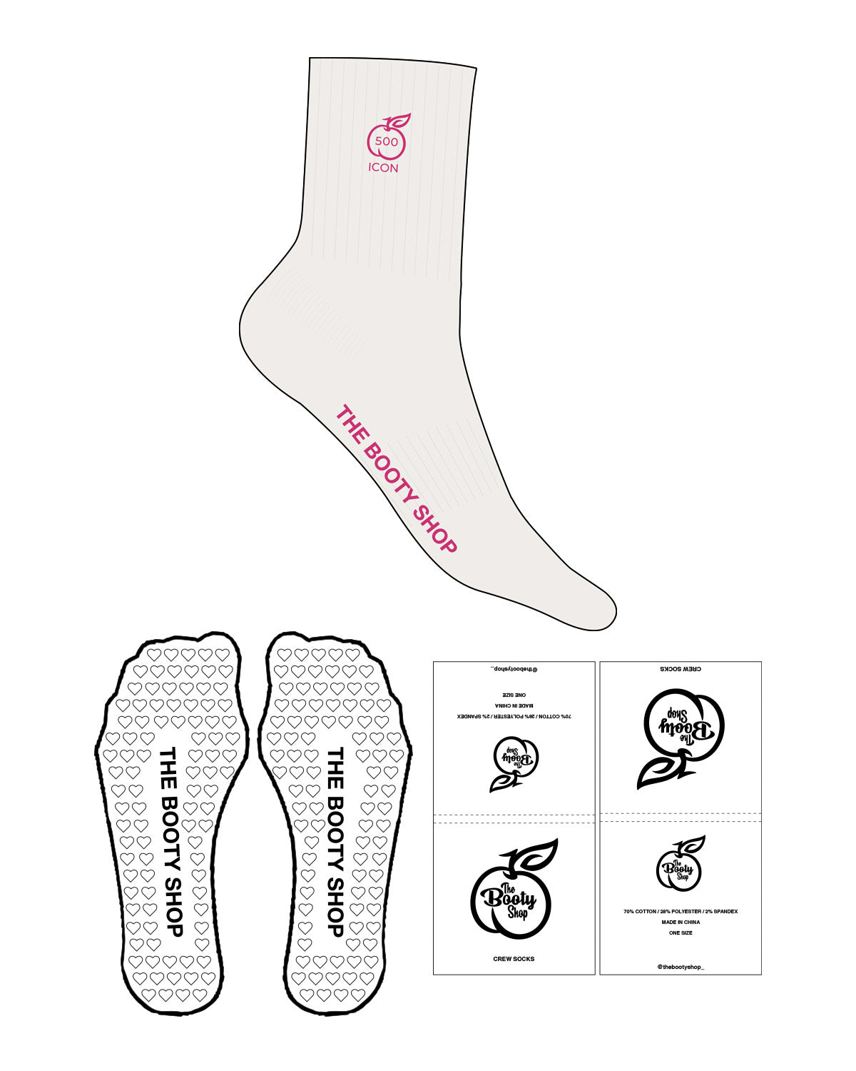 The 3/4 Crew Sock - Cloud Dancer - The Booty Shop - Ankle Logo - "500" - EMB - Cabaret - Foot Text - Printed - Cabaret - Heart Grip - Cabaret
