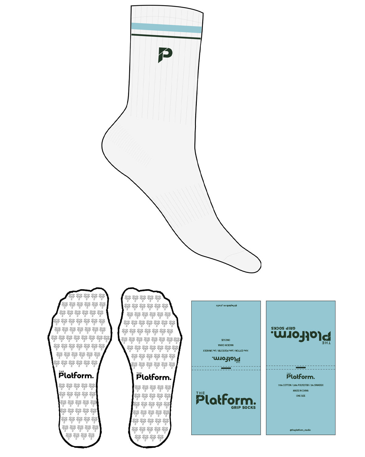 The Crew Sock - White Heather - The Platform Studio - Top Logo - Embroidered - Evergreen - 2 Stripes - Printed - Full Color - Palm Tree - Evergreen