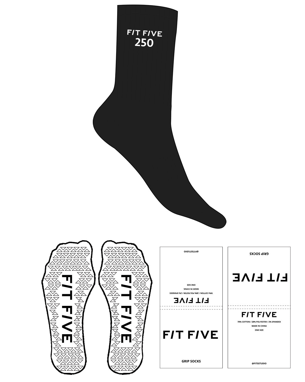 The Crew Sock - Black - Fit 5 - Top Logo Stacked - Embroidered - White - Triangle Shape Grip - White