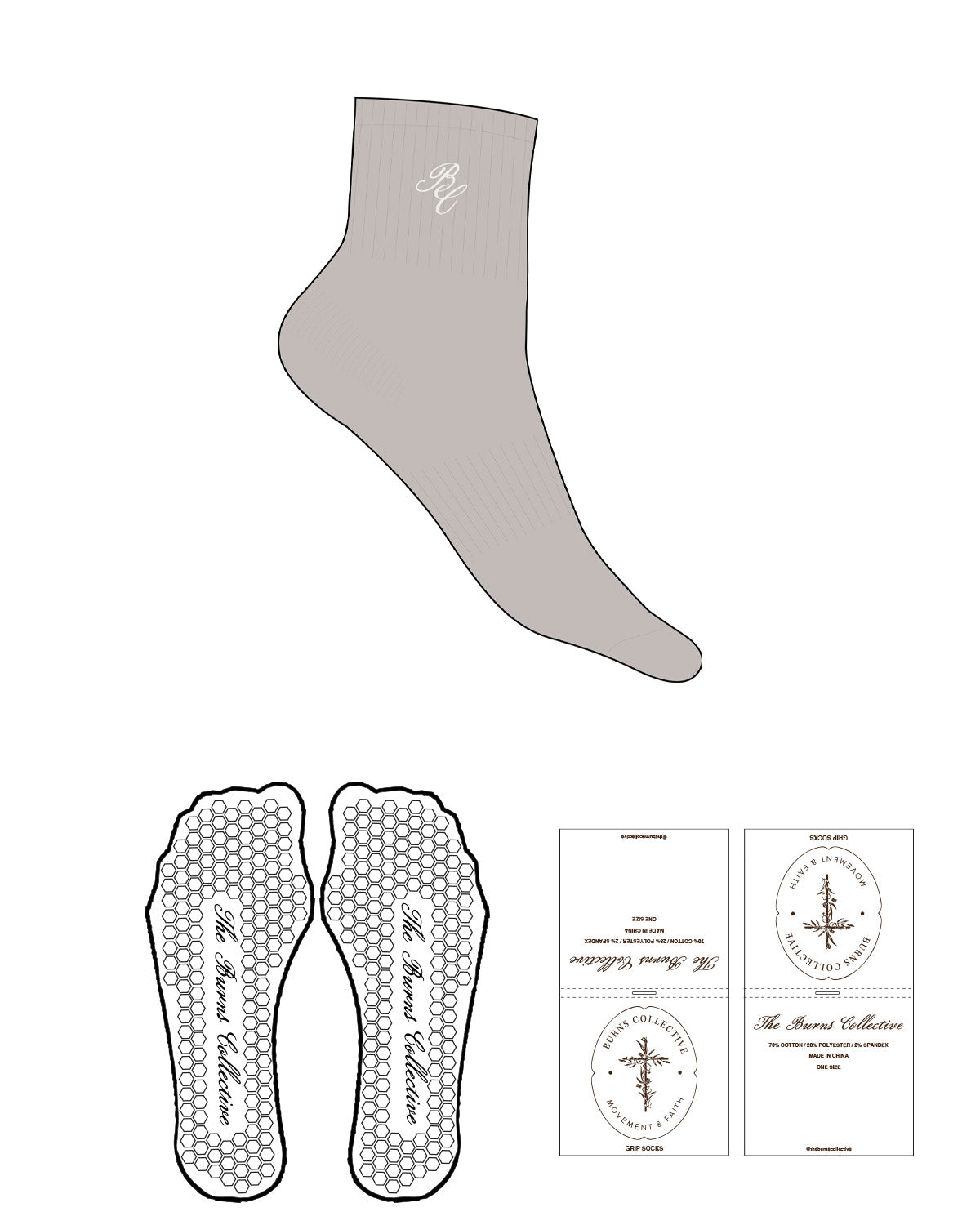 The 1/2 Crew Sock - Oat Milk - Burns Collective - Top Logo - Embroidered - Bone - Hexagon Grip - Transparent