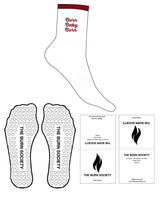 The 3/4 Crew Sock - White - The Burn Society - Top Logo Burn Baby Burn - Red #D303  - 1 Strip - Red - #D303 Logos - Heart Shape Grip - Red D303
