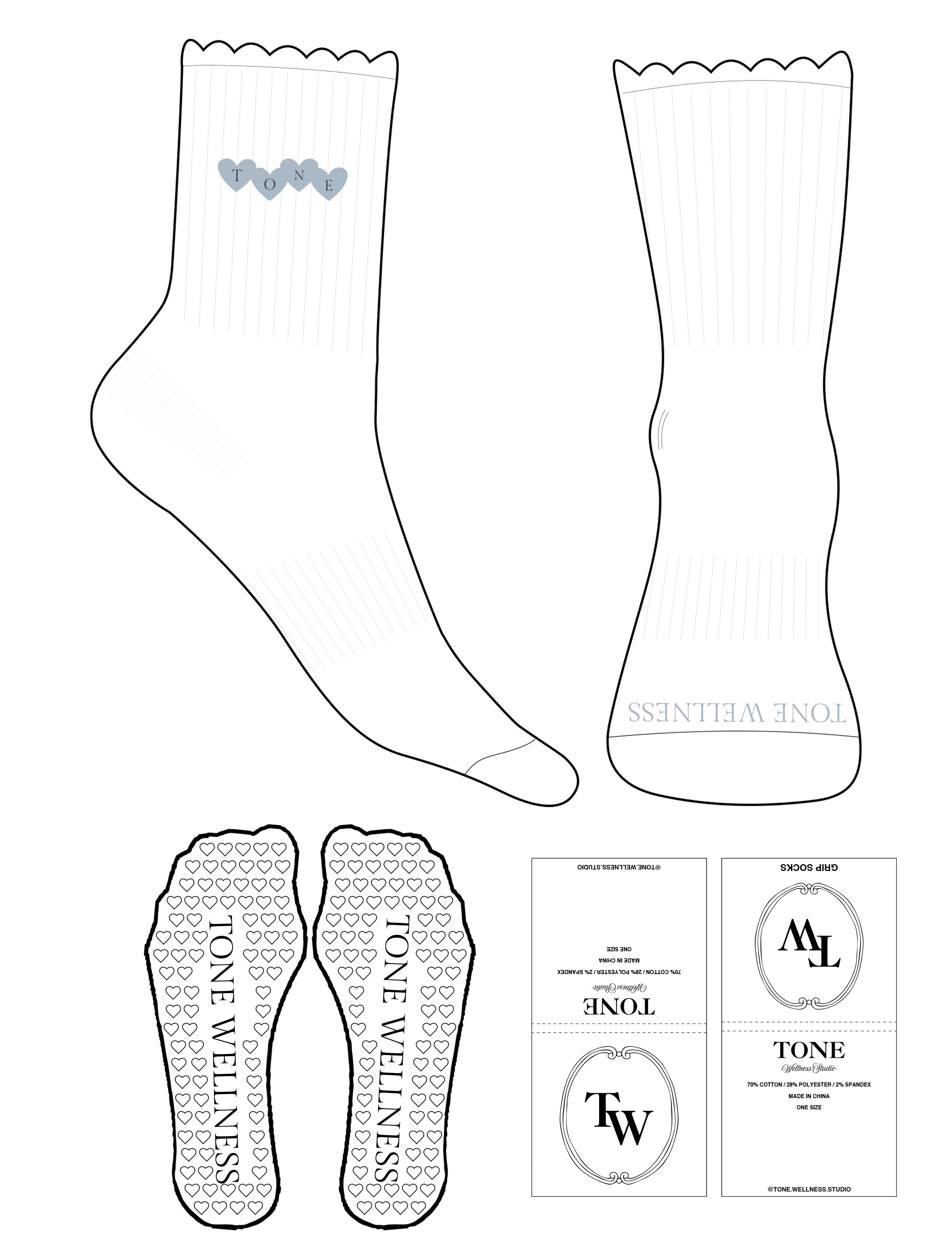 The 3/4 Crew Sock - White - Tone Wellness Studio - White Scallops - Top Embroidered Navy/Baby Blue - Toe Printed Logo Baby Blue - Heart Grip - Baby Blue