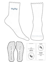 The 3/4 Crew Sock - White - Tone Wellness Studio - White Scallops - Top Embroidered Navy/Baby Blue - Toe Printed Logo Baby Blue - Heart Grip - Baby Blue