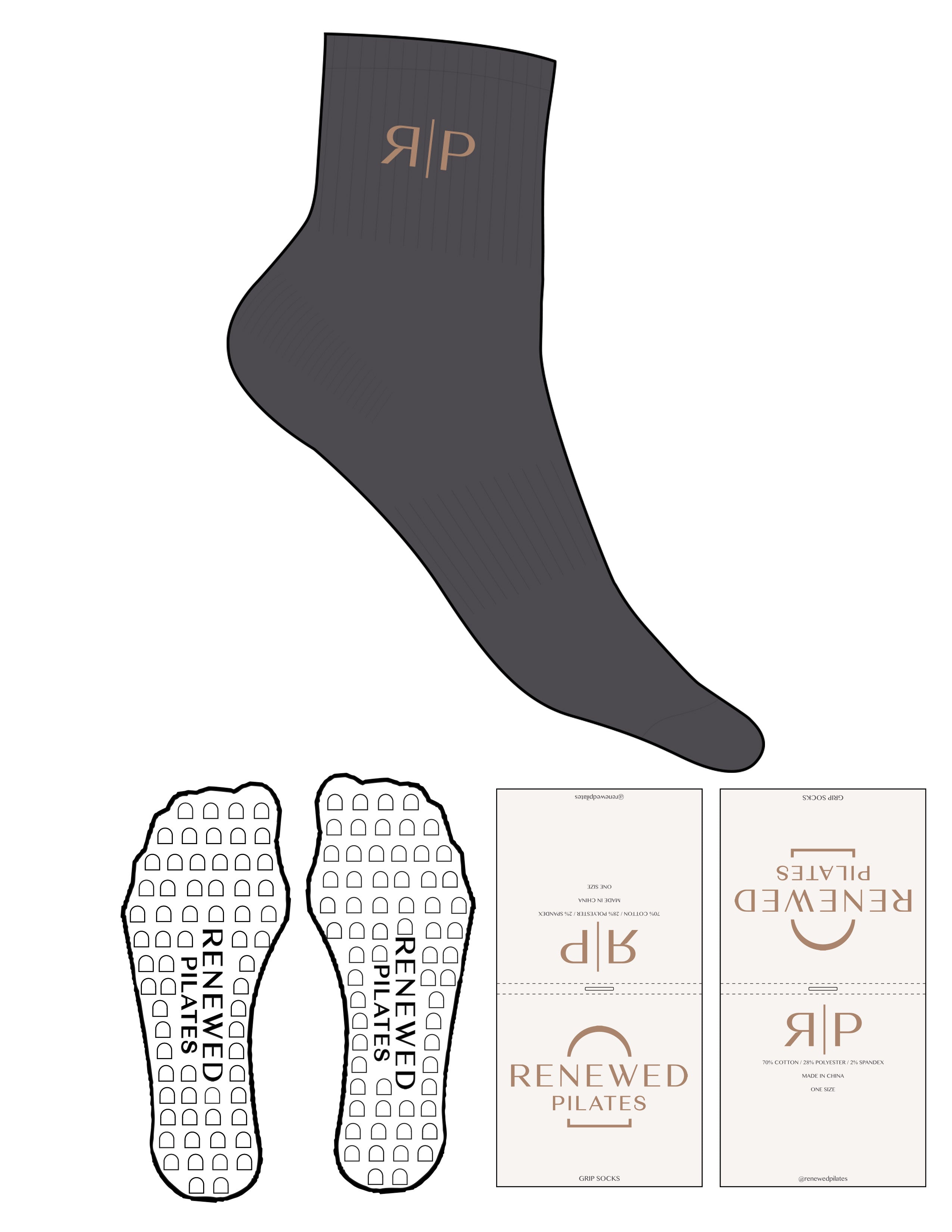 The 1/2 Crew Sock - Magnet - Renewed Pilates - Top Logo - EMB - Petal - Custom Grip - Transparent