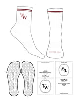 The 3/4 Crew Sock - White - Tone Wellness Studio - Top 2 Strips - Top "TW" & Front Logo - Burgandy - D211 - Heart Shape Grip - Transparent