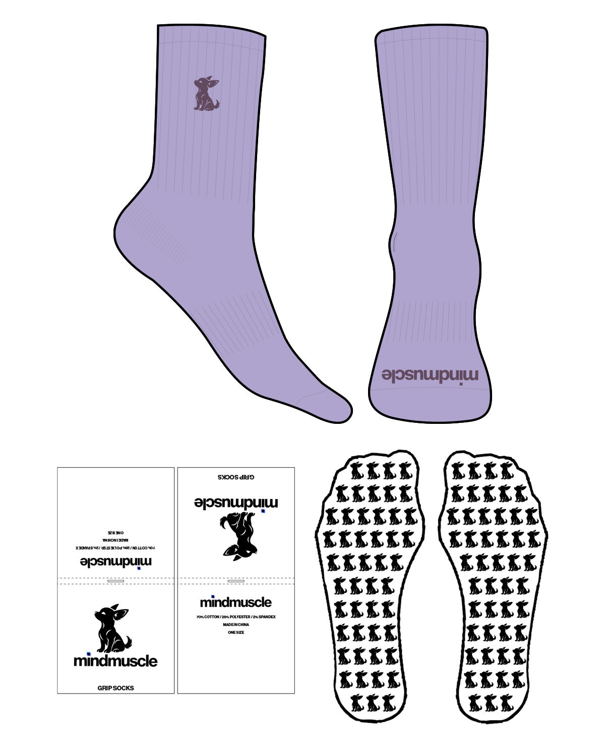 The Crew Sock - Lavender - Mind Muscle - Top Logo EMB - Toe Logo Printed - Maple Rogue - Custom Grip - Transparent