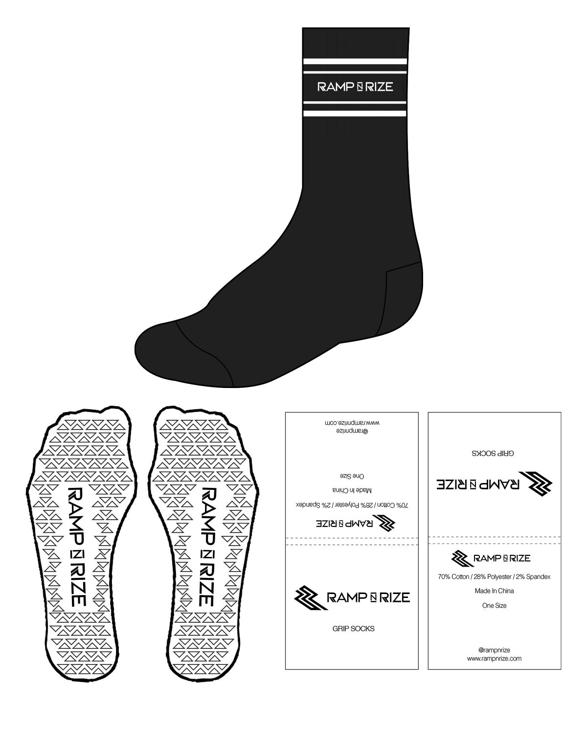 The Crew Sock - Black - Ramp N Rize - 4 Strips - Top Logo - White - Triangle Shape Grip - White