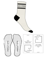 The Crew Sock - Off White - Slo x Form - Black Stripes, Heel & Toe - Top Logo - Black - Heart Grip - Black