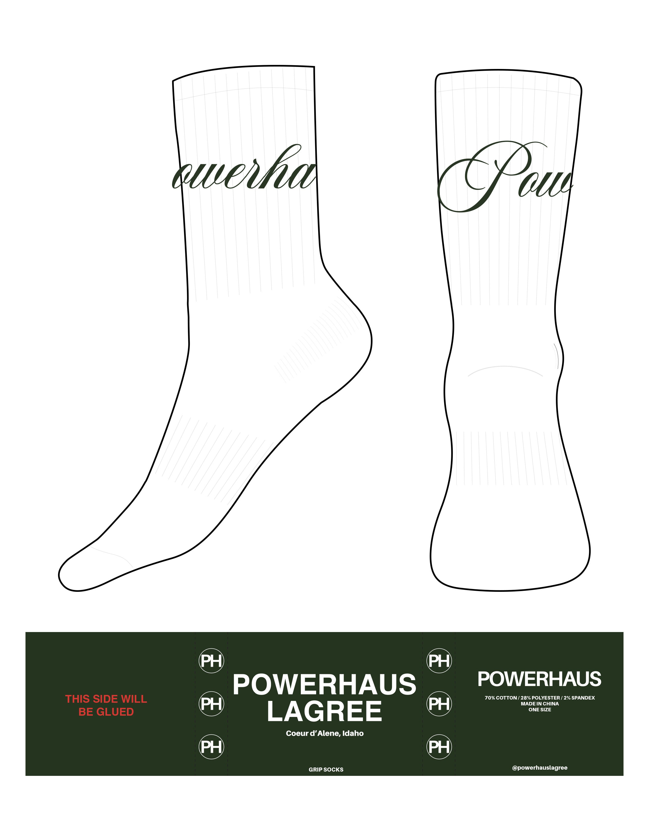 The Crew Sock - White - Powerhaus Lagree - Top Logo Wrapped - Forest Green - Heart Grip - Forest Green