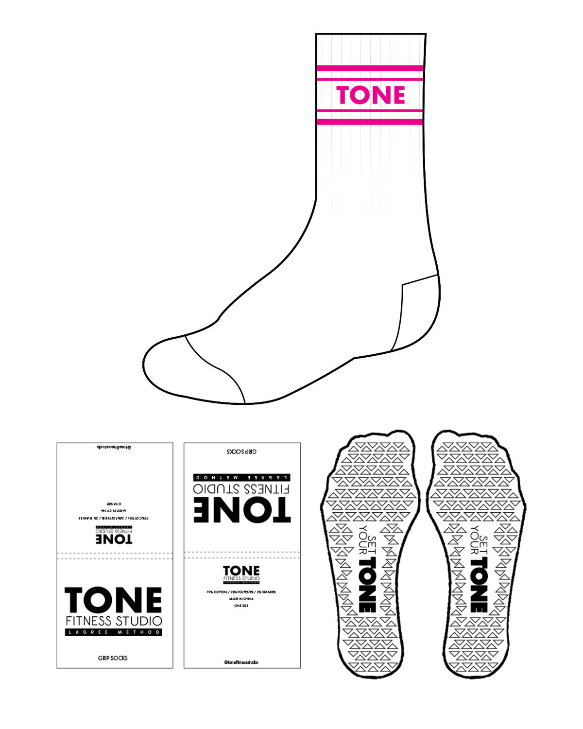 The Crew Sock - White - Tone Fitness Studio - 4 Lines - Center Text - Pink - Triangle Shape Grip - White