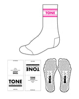 The Crew Sock - White - Tone Fitness Studio - 4 Lines - Center Text - Pink - Triangle Shape Grip - White