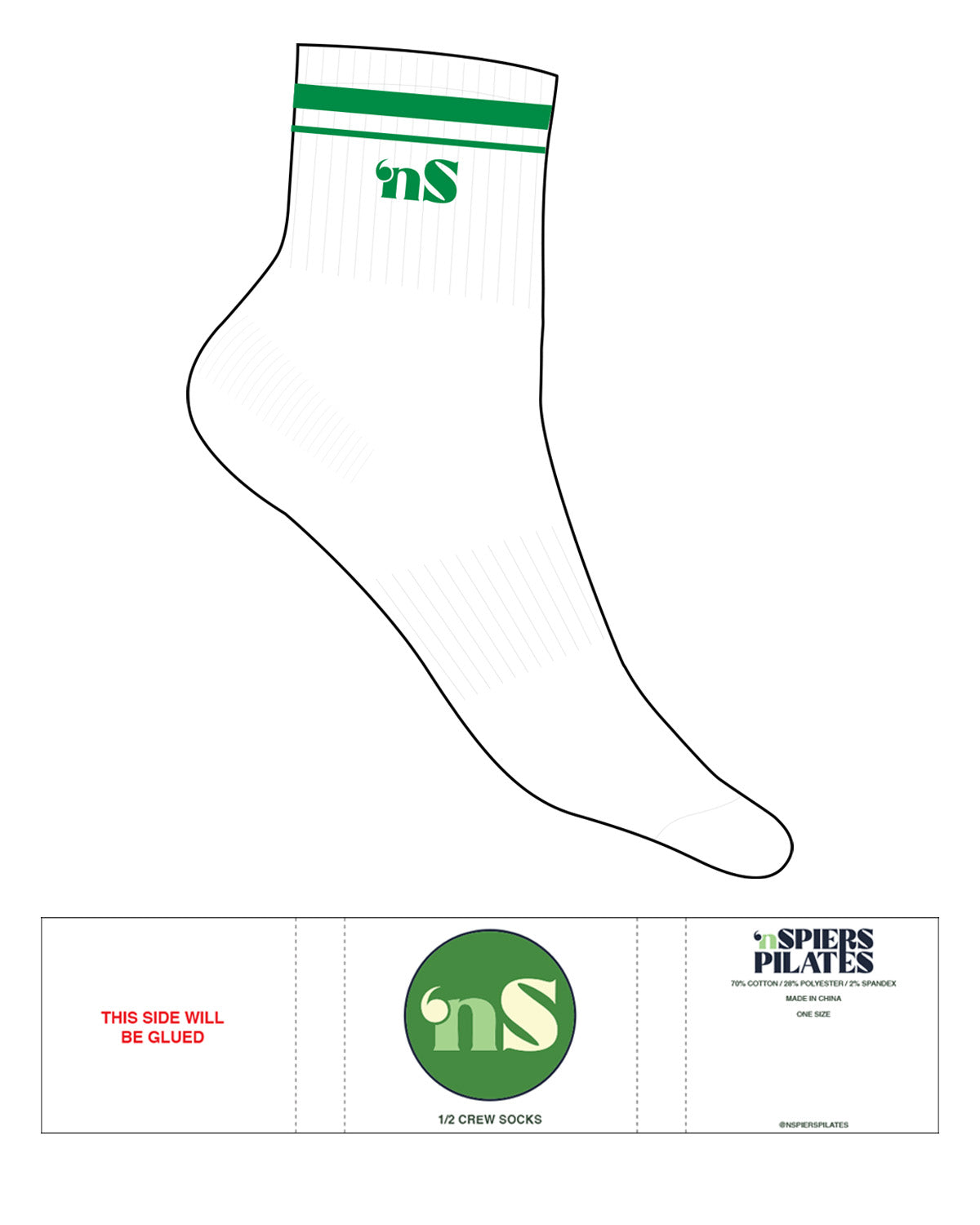 The 1/2 Crew Sock - White - NSpiers - Fern Green Stripes - Top Logo - Fern Green